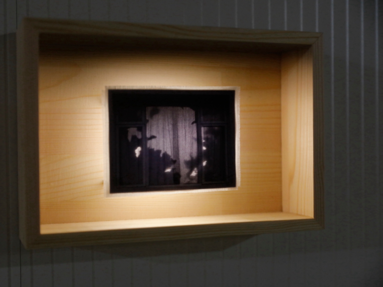 Chan Nok, Longed For, 2024, curtain, paper, light, wooden box, dimensions variable. Courtesy of the artist and The Art of CUHK.