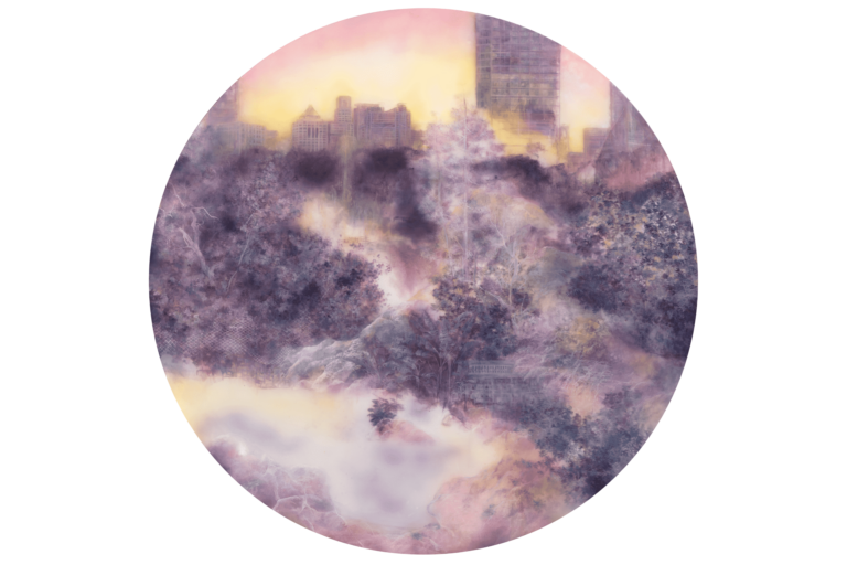 Fatina Kong, In fading sunlight rises smoke over green grass, 2023, ink, Chinese pigments, acrylic, resin on silk mounted on acrylic board, 120 cm diameter. Courtesy of the artist.