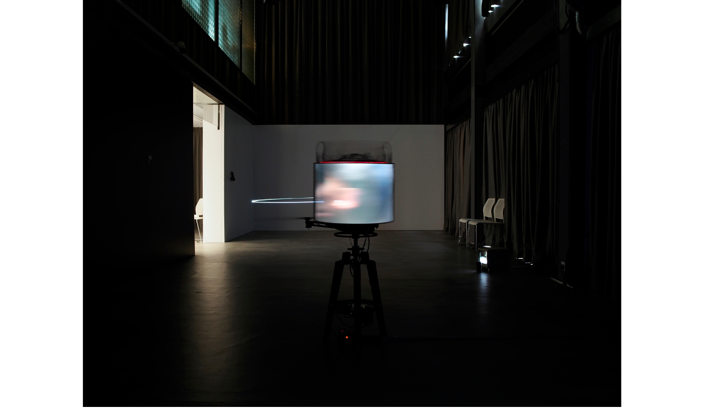 Tung Wing Hong, Mind Cut, 2018, rotation device, CNC aluminium, LED screen, LED light, moving images, 130 x 120 x 80 cm. Courtesy of the artist